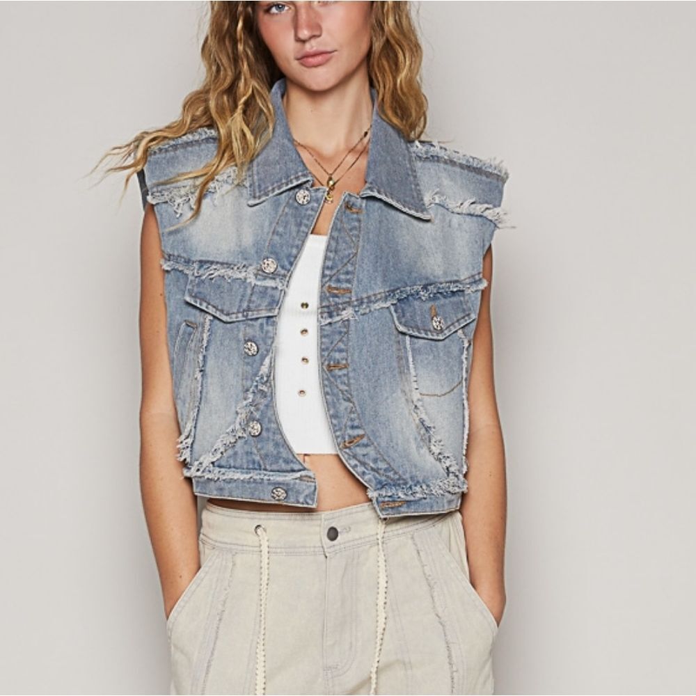 POL Cropped Denim Vest | Vintage Wash Sleeveless Jean Jacket Sz SM